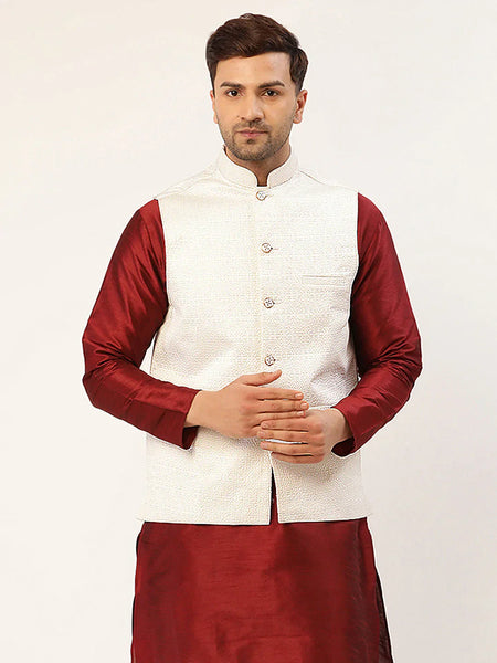 Jompers Men's White & Gold embossed Nehru Jacket