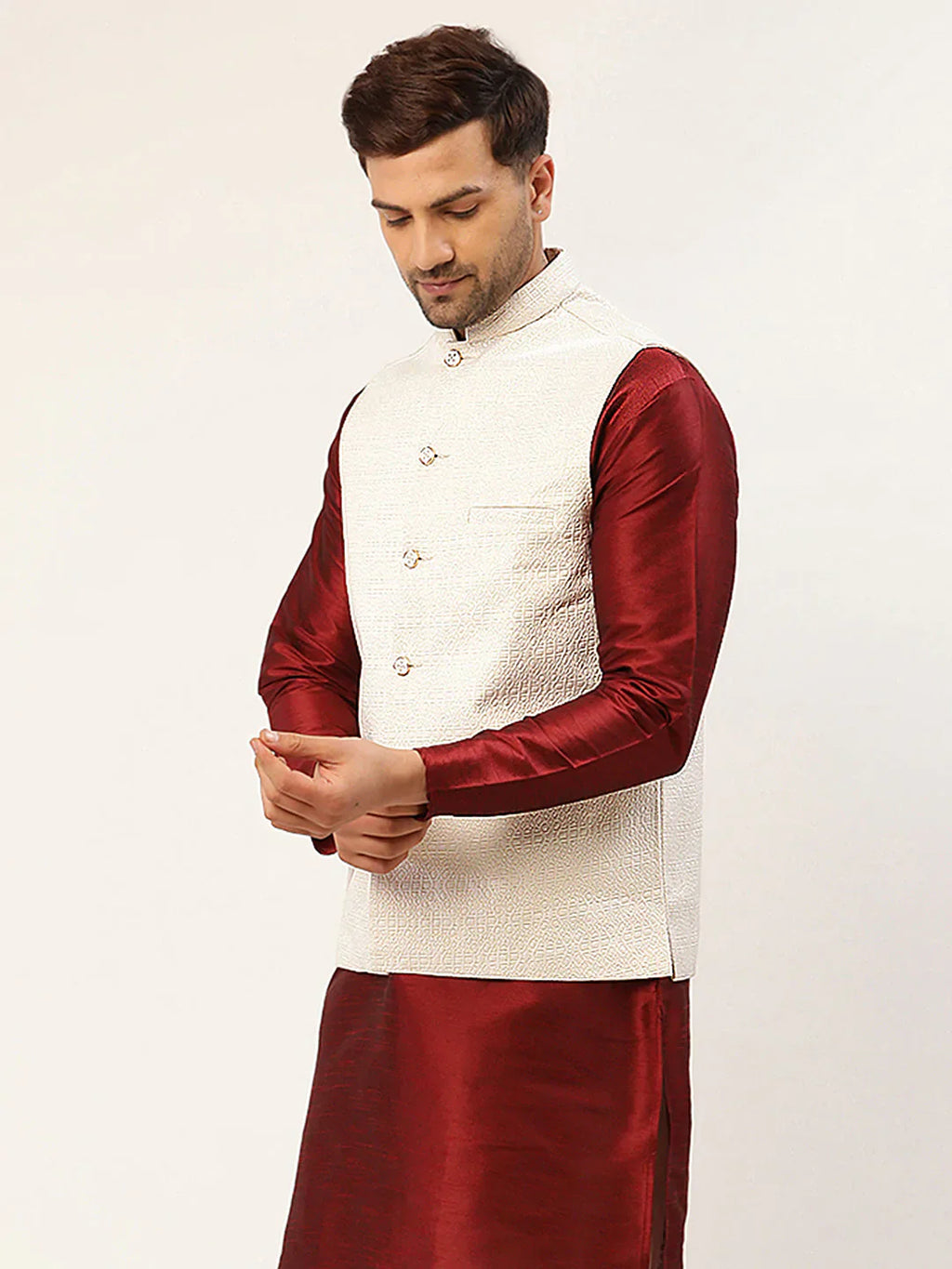 Jompers Men's White & Gold embossed Nehru Jacket