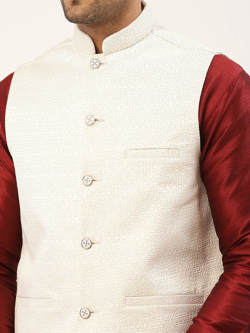 Jompers Men's White & Gold embossed Nehru Jacket