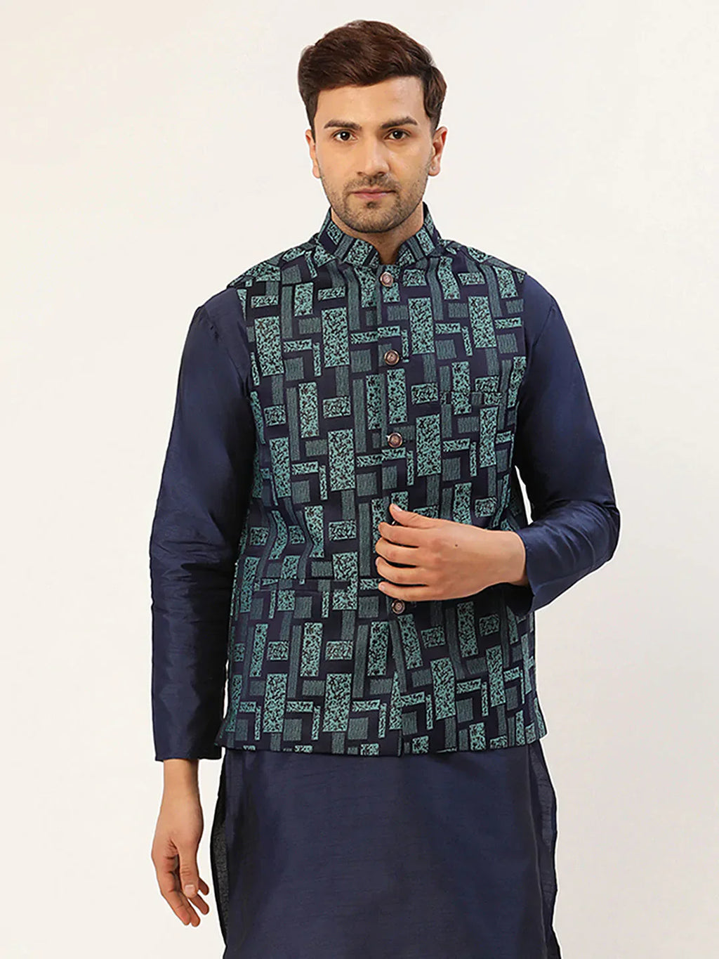 Jompers Men's Blue Woven Design Nehru Jacket