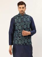 Jompers Men's Blue Woven Design Nehru Jacket