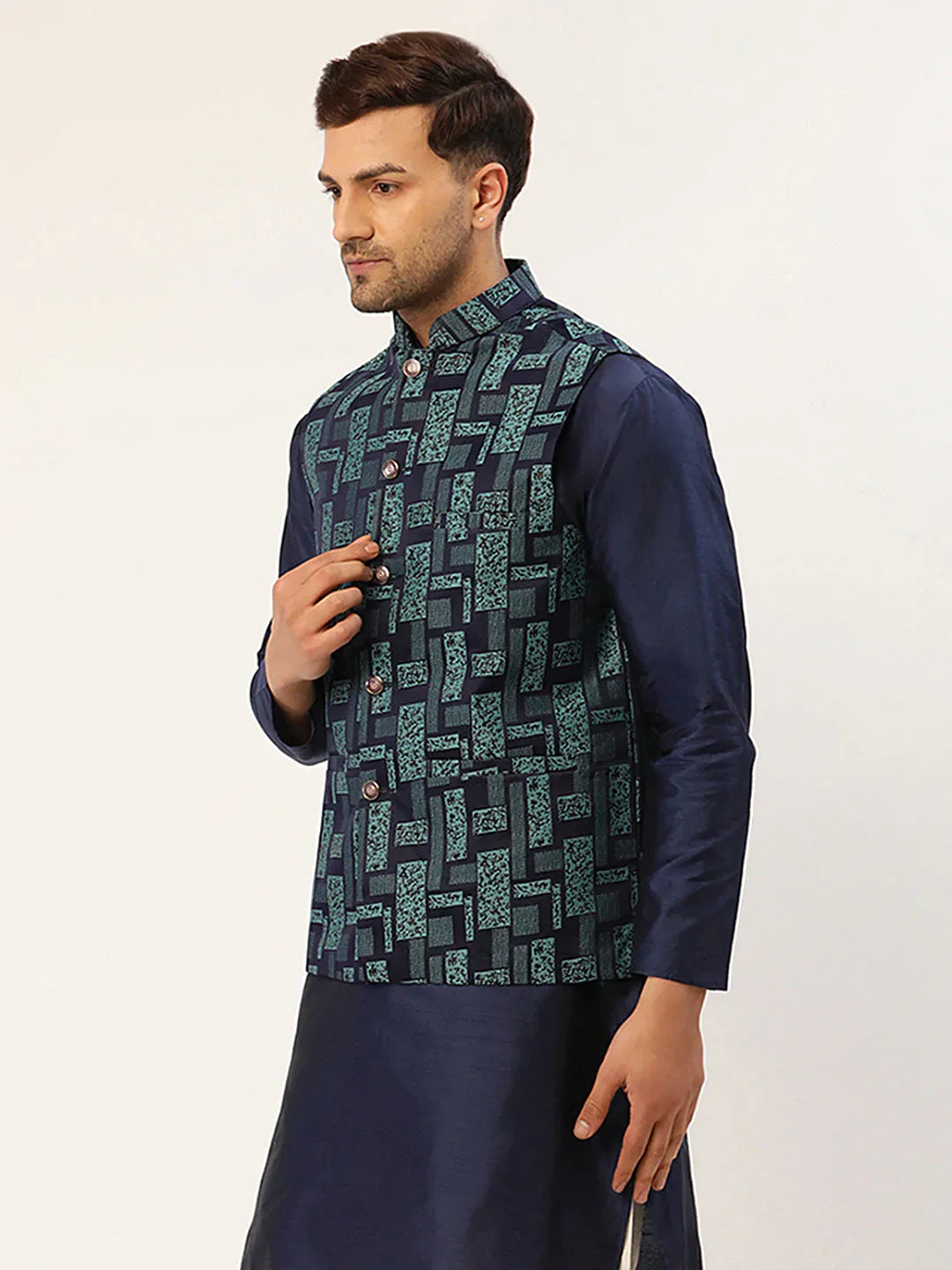 Jompers Men's Blue Woven Design Nehru Jacket