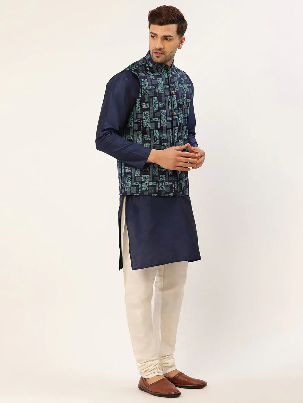 Jompers Men's Blue Woven Design Nehru Jacket