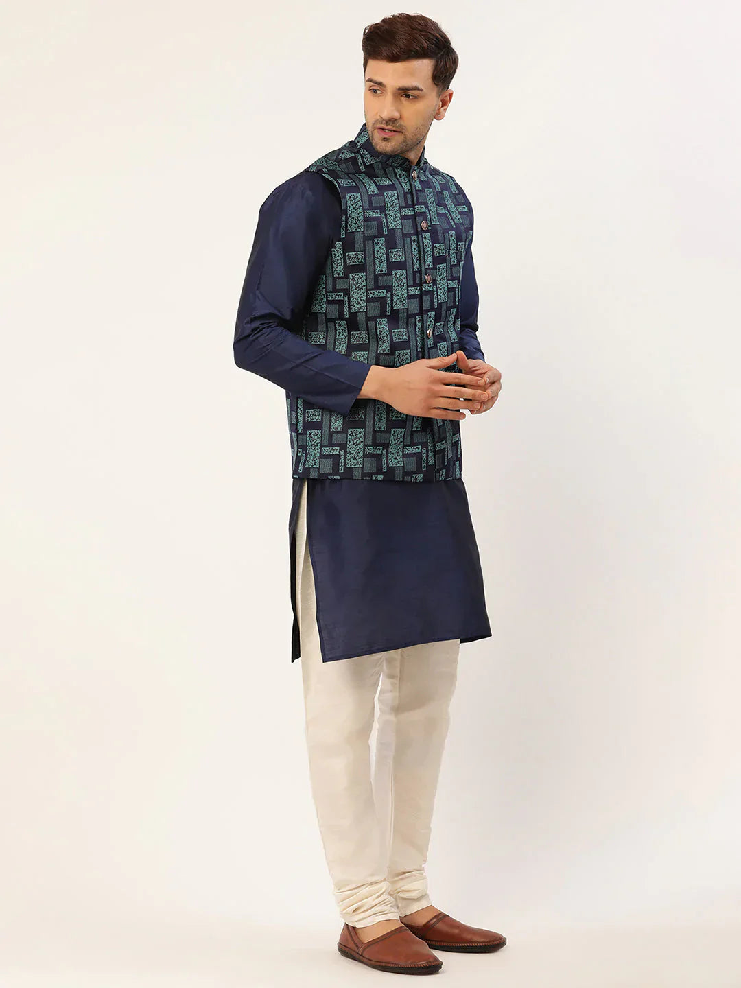 Jompers Men's Blue Woven Design Nehru Jacket