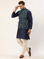 Jompers Men's Blue Woven Design Nehru Jacket