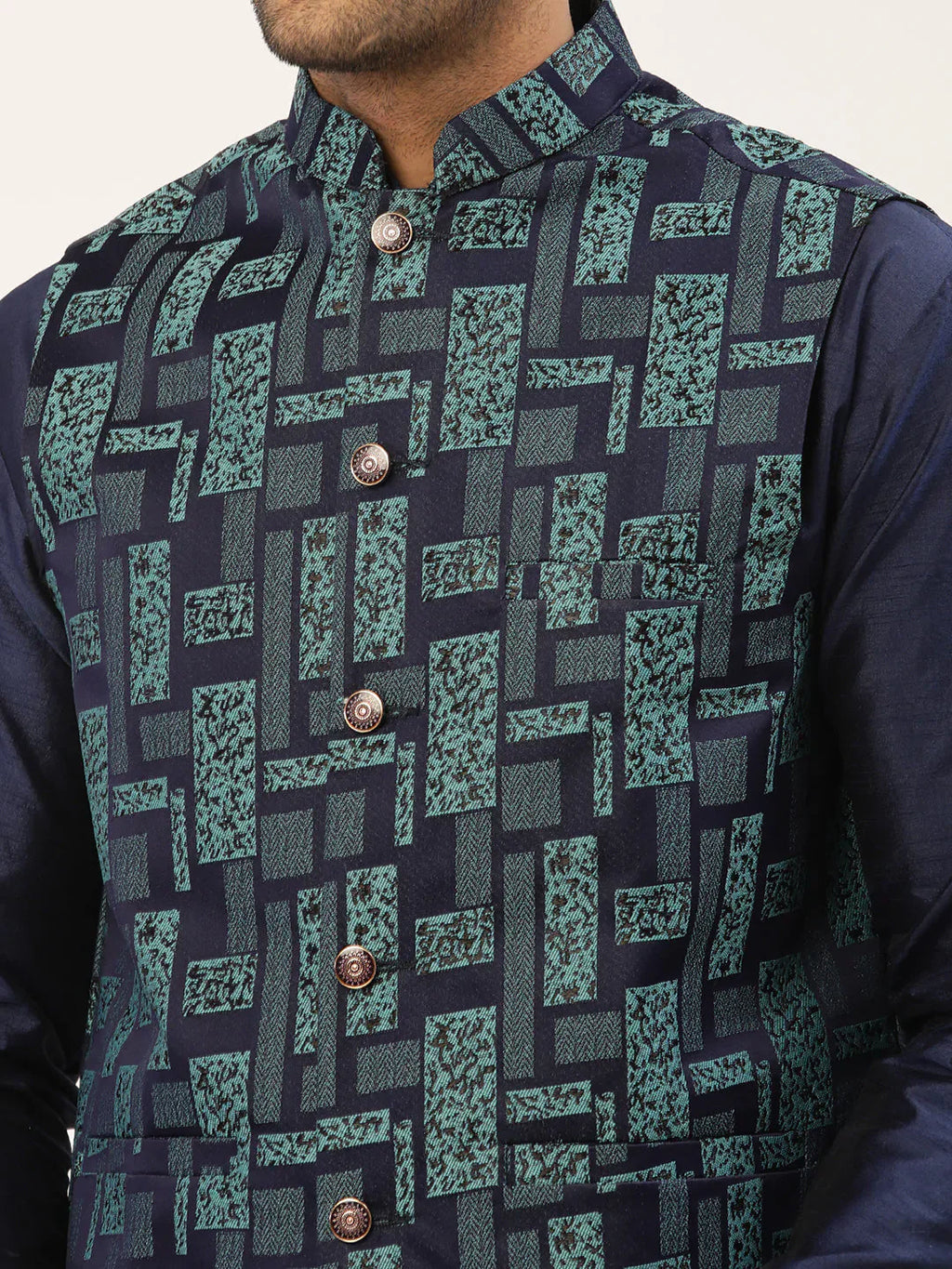 Jompers Men's Blue Woven Design Nehru Jacket