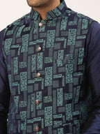 Jompers Men's Blue Woven Design Nehru Jacket