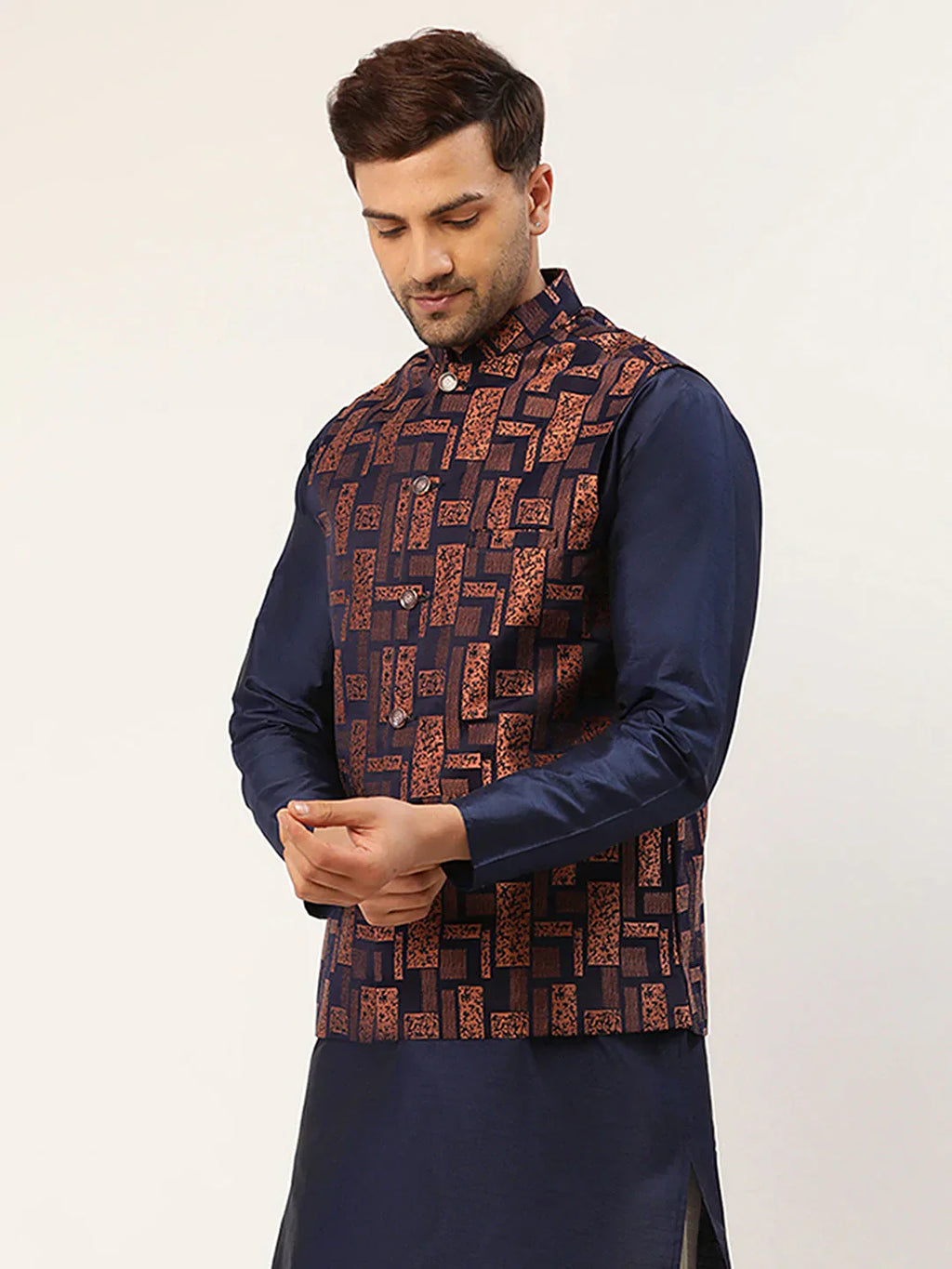Jompers Men's Bronze & Navy Blue embossed Nehru Jacket
