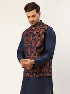 Jompers Men's Bronze & Navy Blue embossed Nehru Jacket