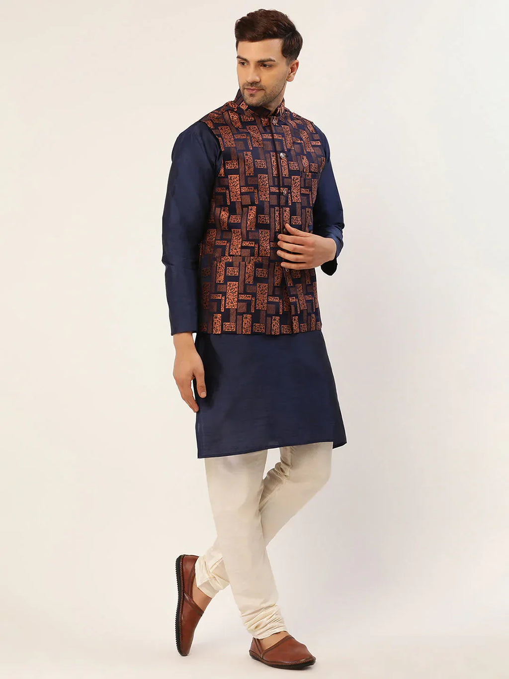 Jompers Men's Bronze & Navy Blue embossed Nehru Jacket