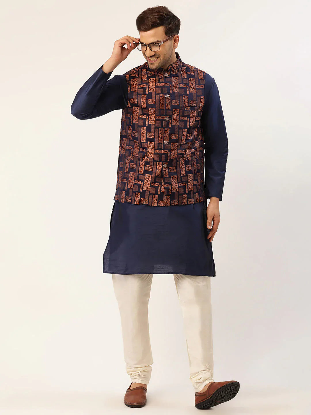 Jompers Men's Bronze & Navy Blue embossed Nehru Jacket