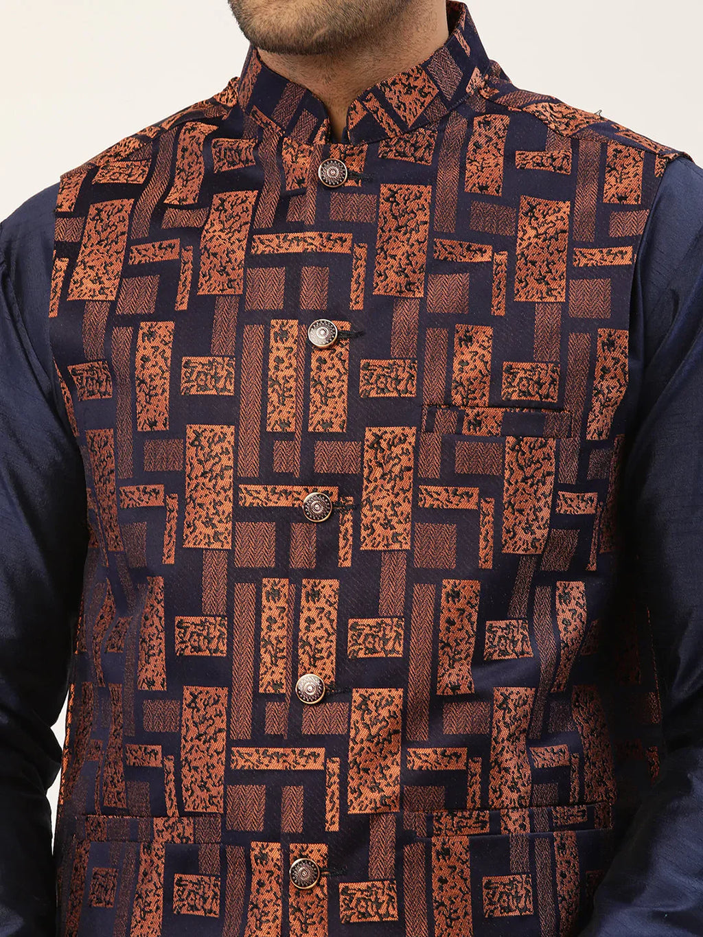 Jompers Men's Bronze & Navy Blue embossed Nehru Jacket