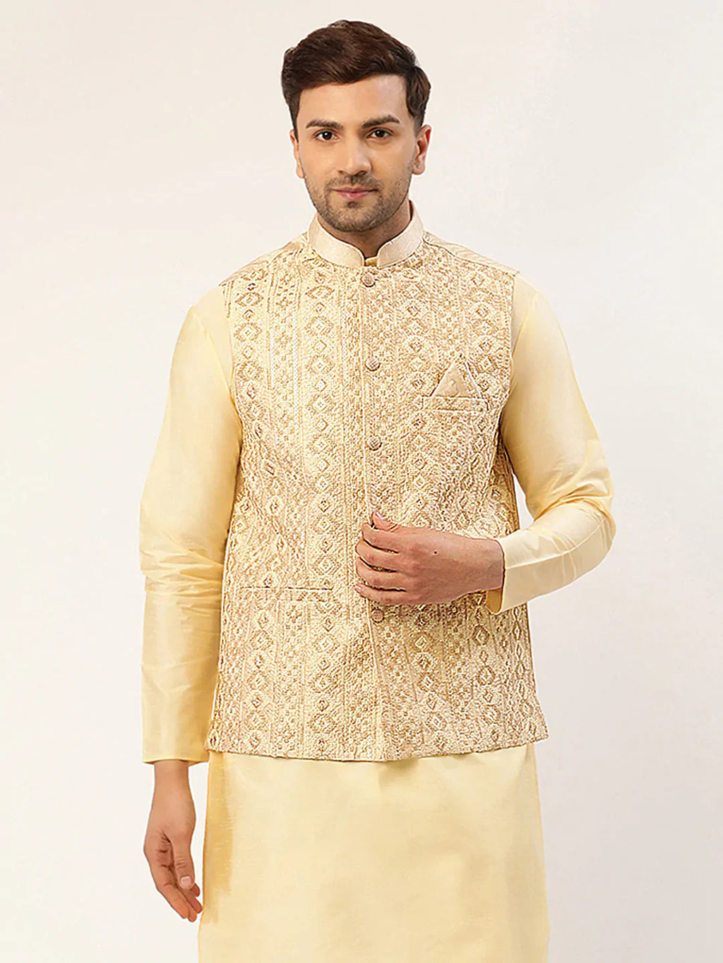 Jompers Men's Cream & Gold Embroidered Woven Nehru Jacket