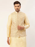 Jompers Men's Cream & Gold Embroidered Woven Nehru Jacket