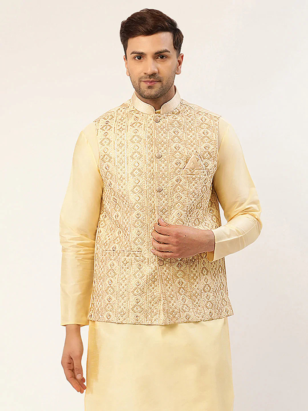Jompers Men's Cream & Gold Embroidered Woven Nehru Jacket