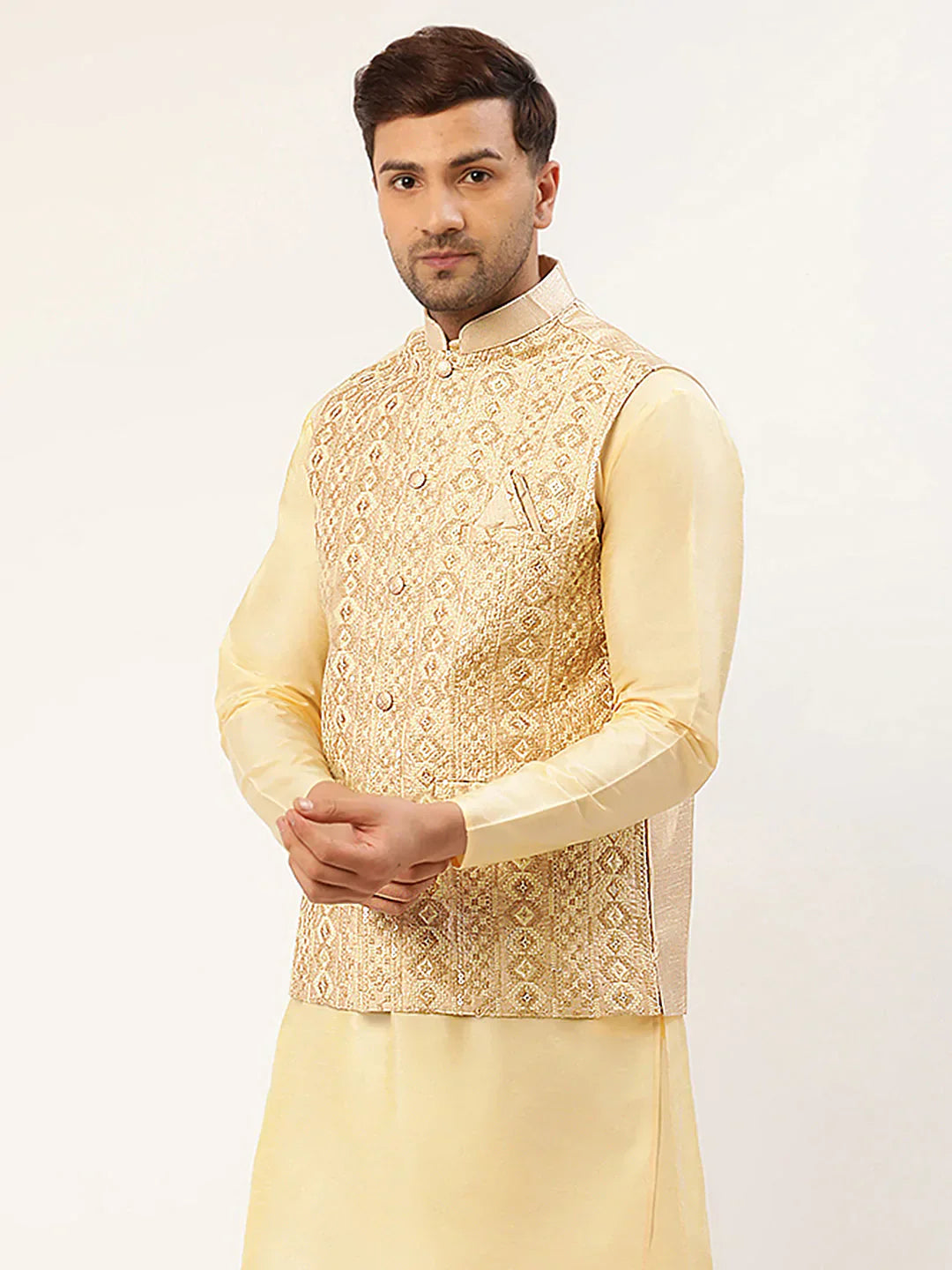 Jompers Men's Cream & Gold Embroidered Woven Nehru Jacket