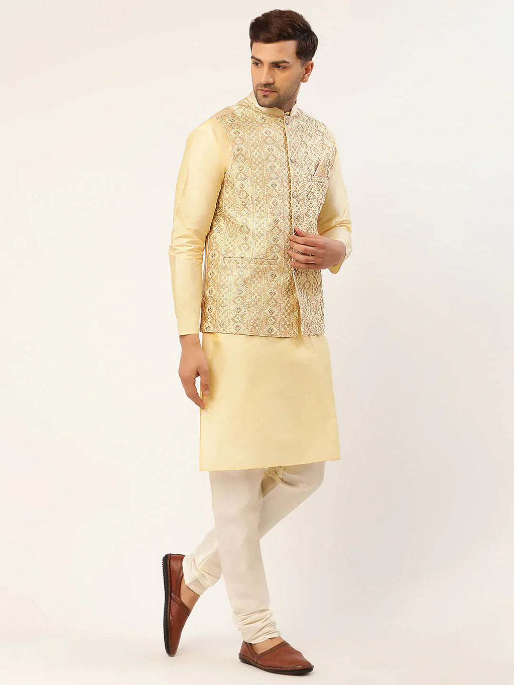 Jompers Men's Cream & Gold Embroidered Woven Nehru Jacket