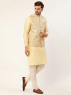 Jompers Men's Cream & Gold Embroidered Woven Nehru Jacket