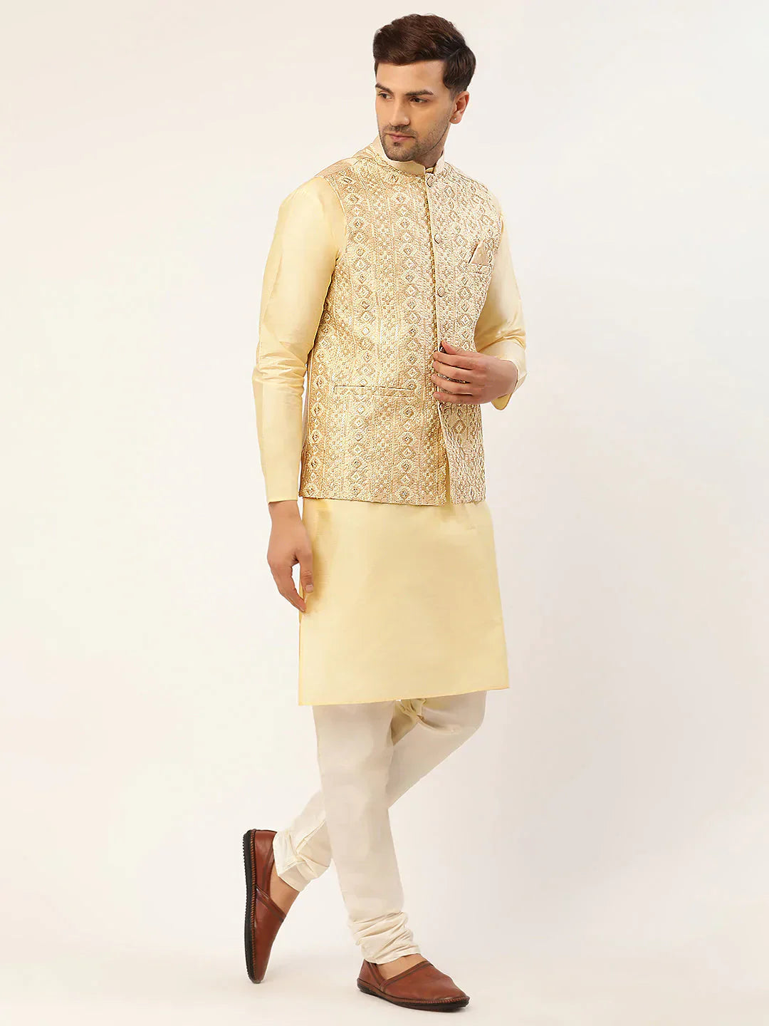 Jompers Men's Cream & Gold Embroidered Woven Nehru Jacket