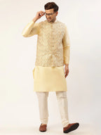 Jompers Men's Cream & Gold Embroidered Woven Nehru Jacket