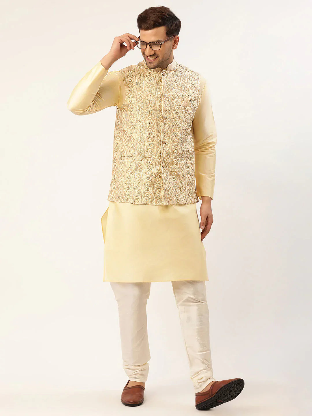 Jompers Men's Cream & Gold Embroidered Woven Nehru Jacket