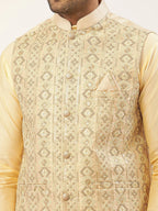 Jompers Men's Cream & Gold Embroidered Woven Nehru Jacket