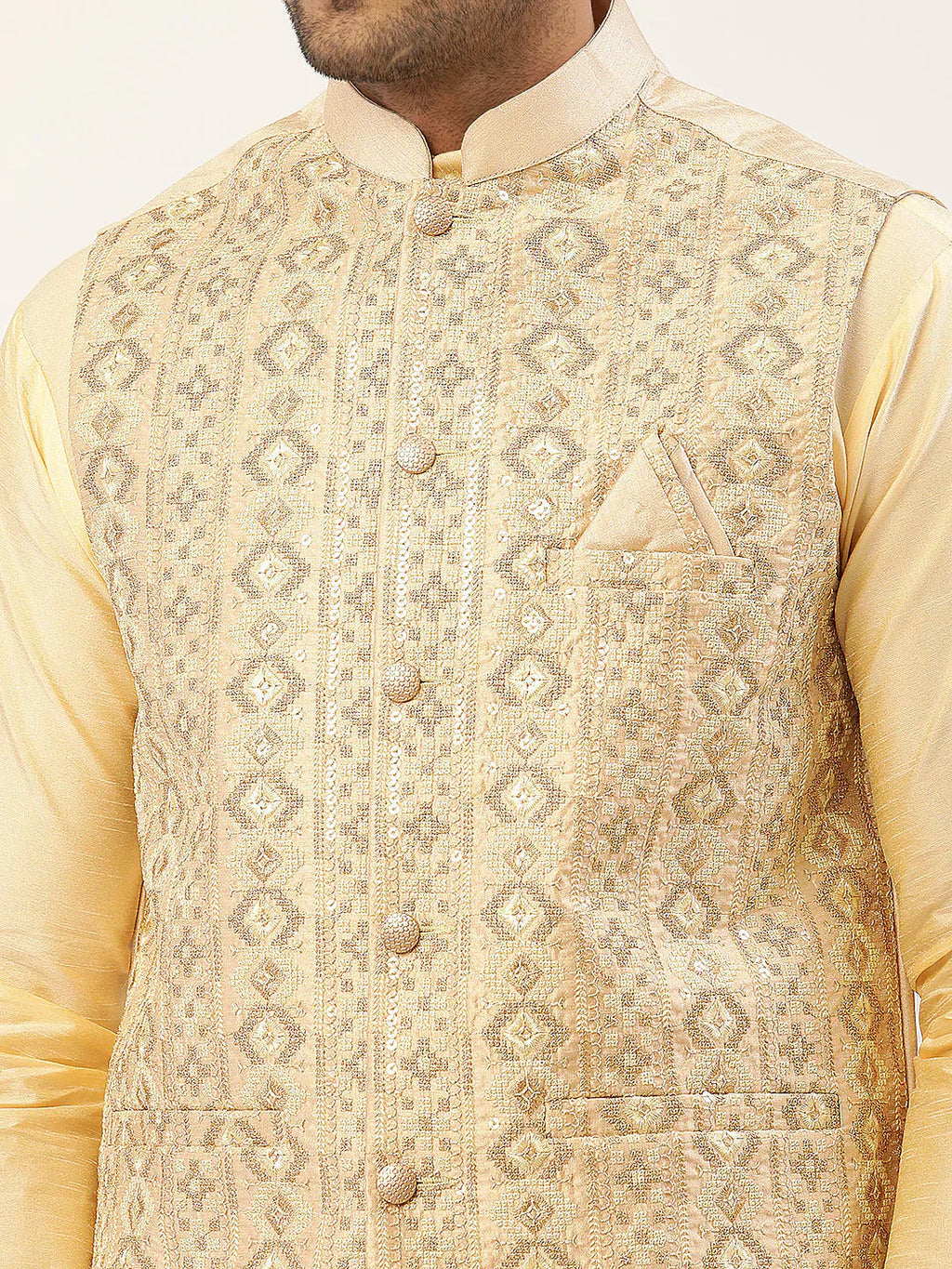Jompers Men's Cream & Gold Embroidered Woven Nehru Jacket