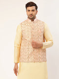 Jompers Men's Pink & Gold Embroidered Woven Nehru Jacket