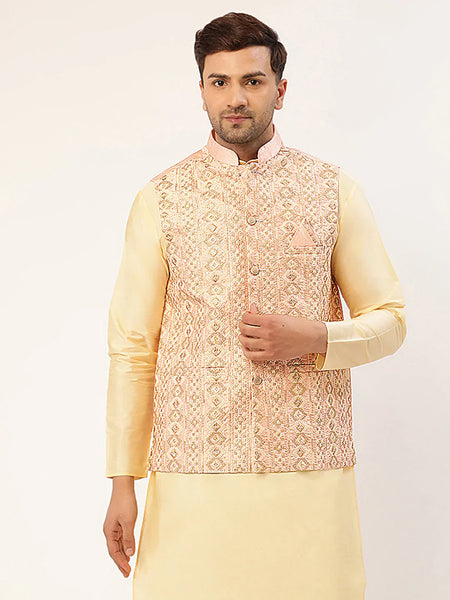 Jompers Men's Pink & Gold Embroidered Woven Nehru Jacket