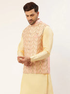 Jompers Men's Pink & Gold Embroidered Woven Nehru Jacket