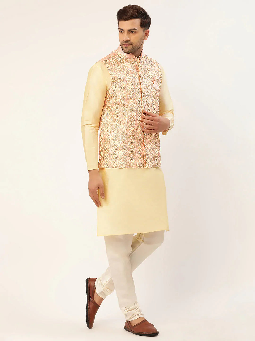Jompers Men's Pink & Gold Embroidered Woven Nehru Jacket
