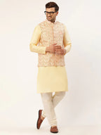 Jompers Men's Pink & Gold Embroidered Woven Nehru Jacket