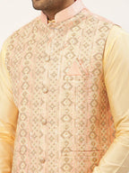 Jompers Men's Pink & Gold Embroidered Woven Nehru Jacket