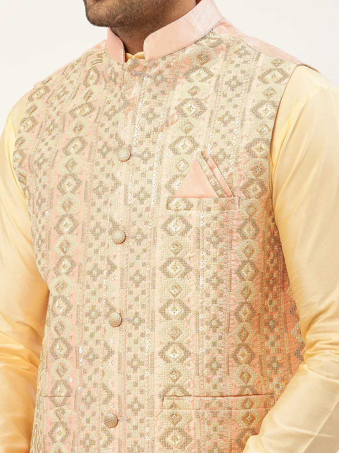 Jompers Men's Pink & Gold Embroidered Woven Nehru Jacket