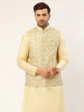Jompers Men's Pista Green & Gold Embroidered Woven Nehru Jacket
