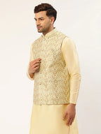 Jompers Men's Pista Green & Gold Embroidered Woven Nehru Jacket