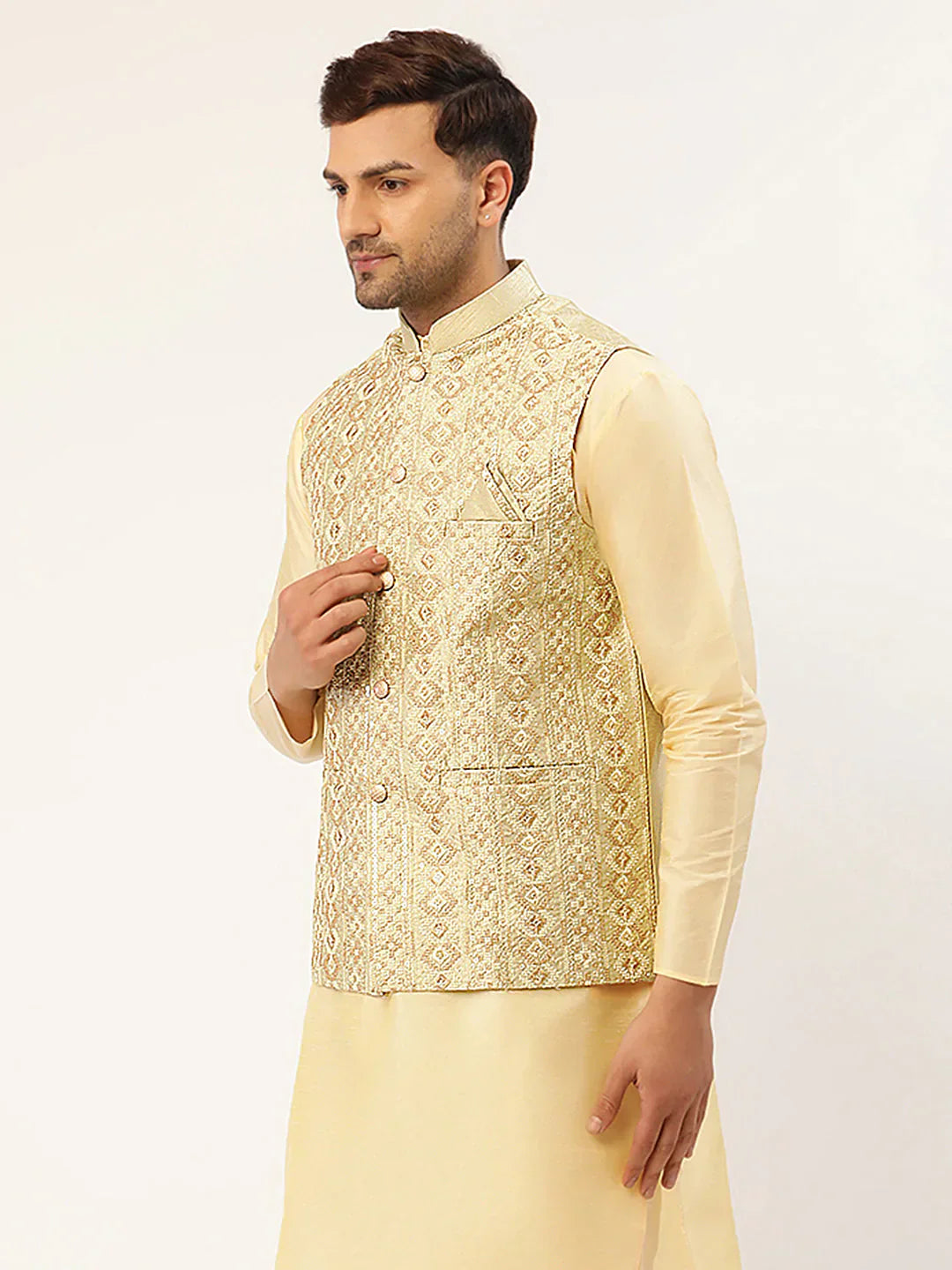 Jompers Men's Pista Green & Gold Embroidered Woven Nehru Jacket