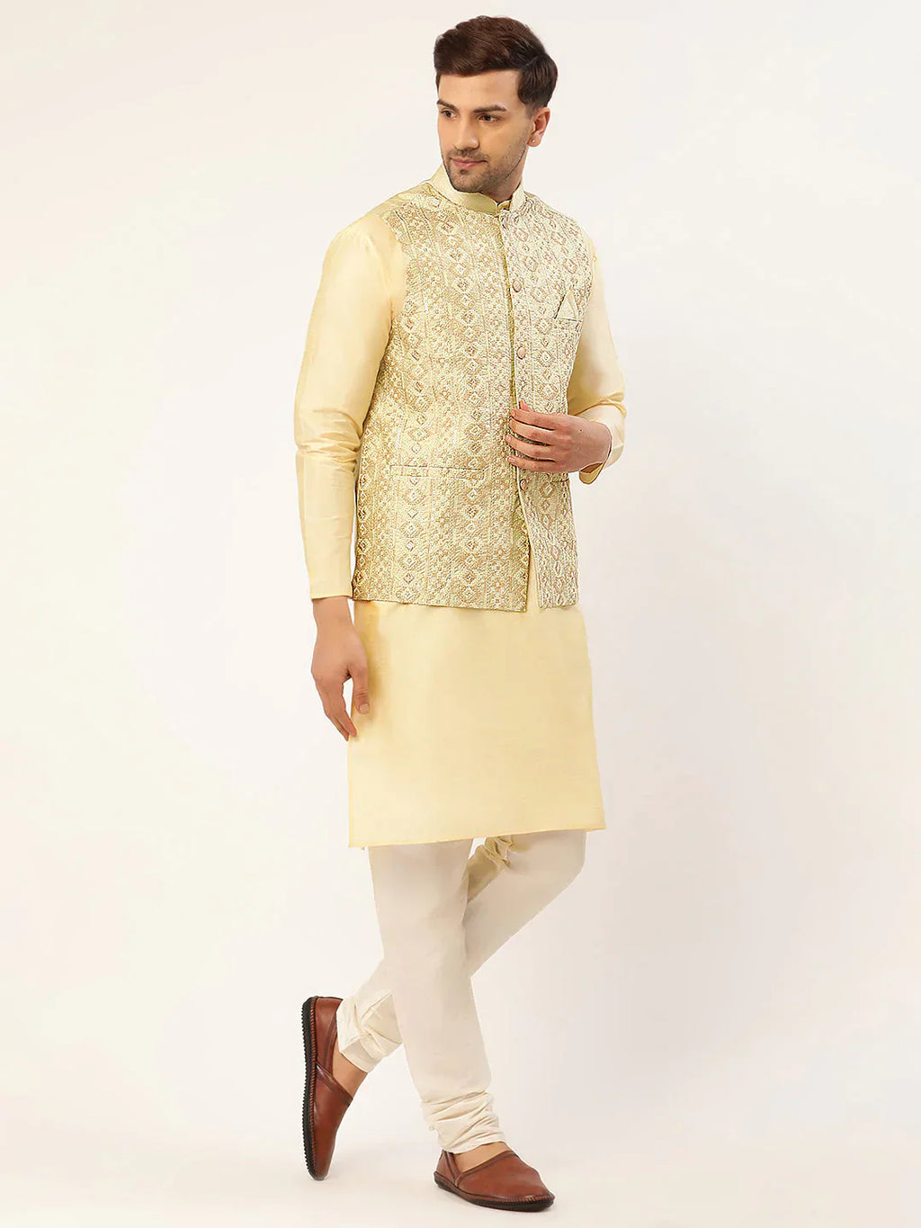 Jompers Men's Pista Green & Gold Embroidered Woven Nehru Jacket