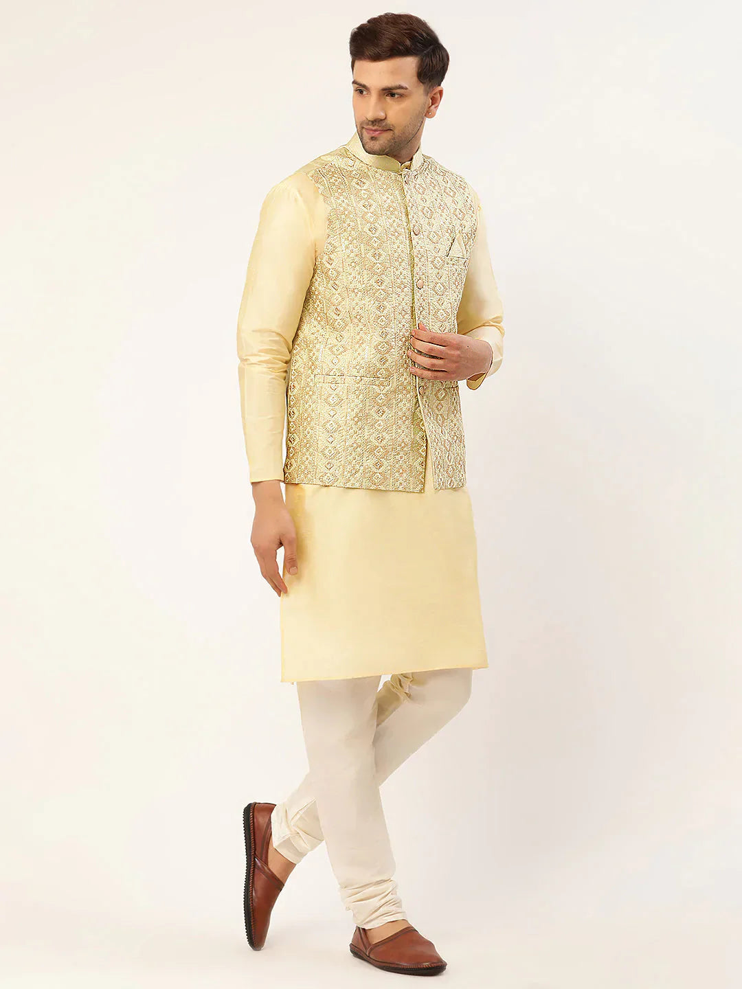 Jompers Men's Pista Green & Gold Embroidered Woven Nehru Jacket
