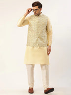 Jompers Men's Pista Green & Gold Embroidered Woven Nehru Jacket