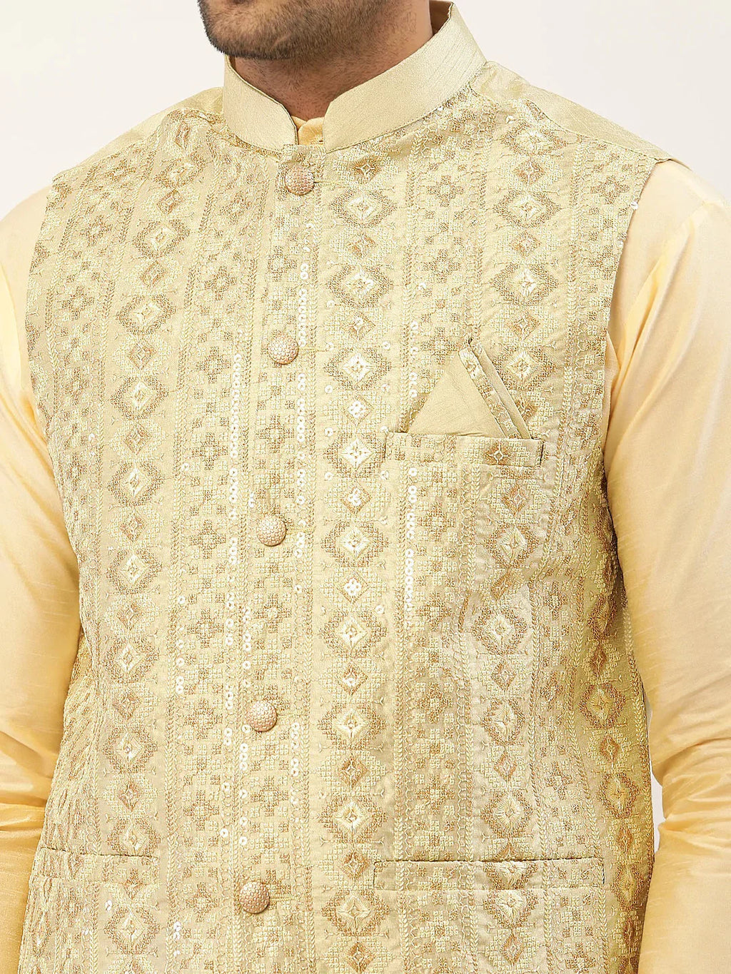 Jompers Men's Pista Green & Gold Embroidered Woven Nehru Jacket