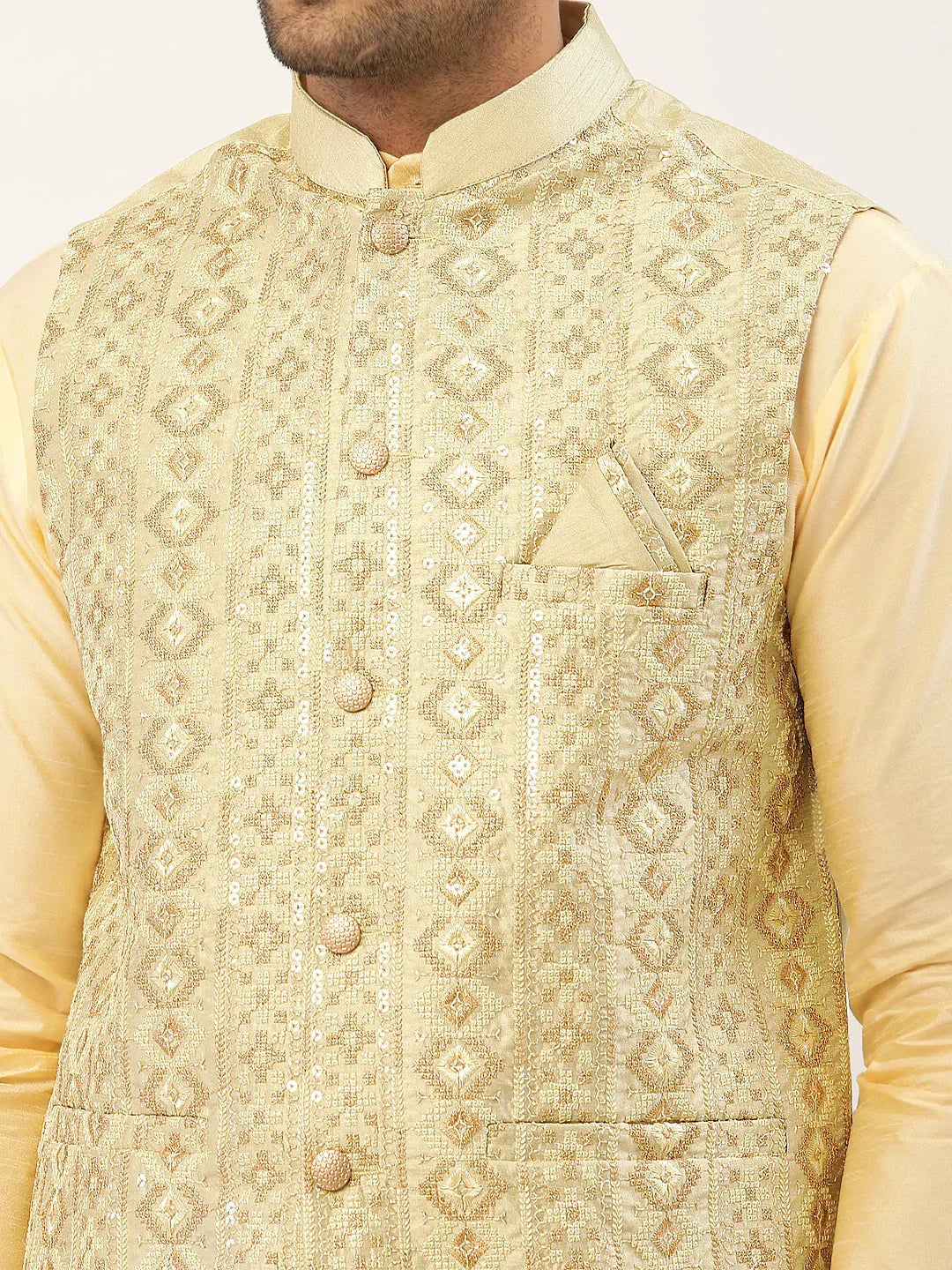 Jompers Men's Pista Green & Gold Embroidered Woven Nehru Jacket