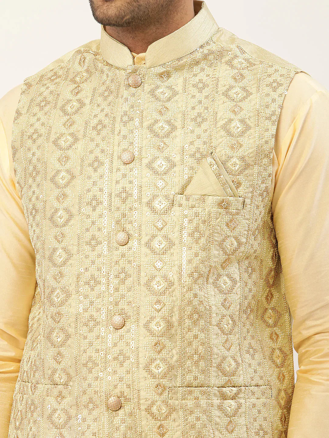 Jompers Men's Pista Green & Gold Embroidered Woven Nehru Jacket