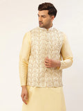 Jompers Men's White & Gold Embroidered Woven Nehru Jacket