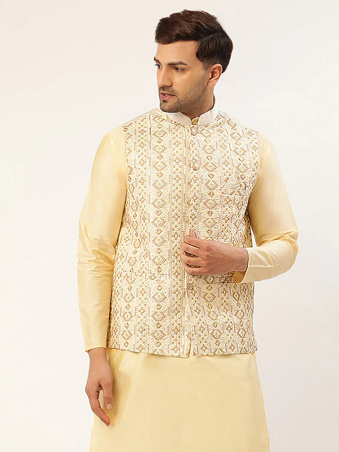 Jompers Men's White & Gold Embroidered Woven Nehru Jacket