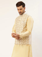 Jompers Men's White & Gold Embroidered Woven Nehru Jacket