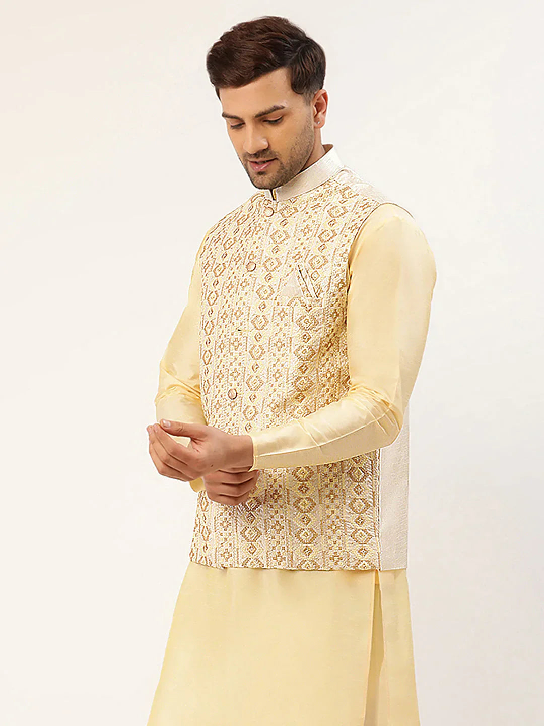 Jompers Men's White & Gold Embroidered Woven Nehru Jacket