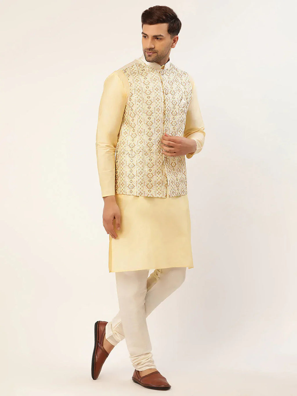 Jompers Men's White & Gold Embroidered Woven Nehru Jacket
