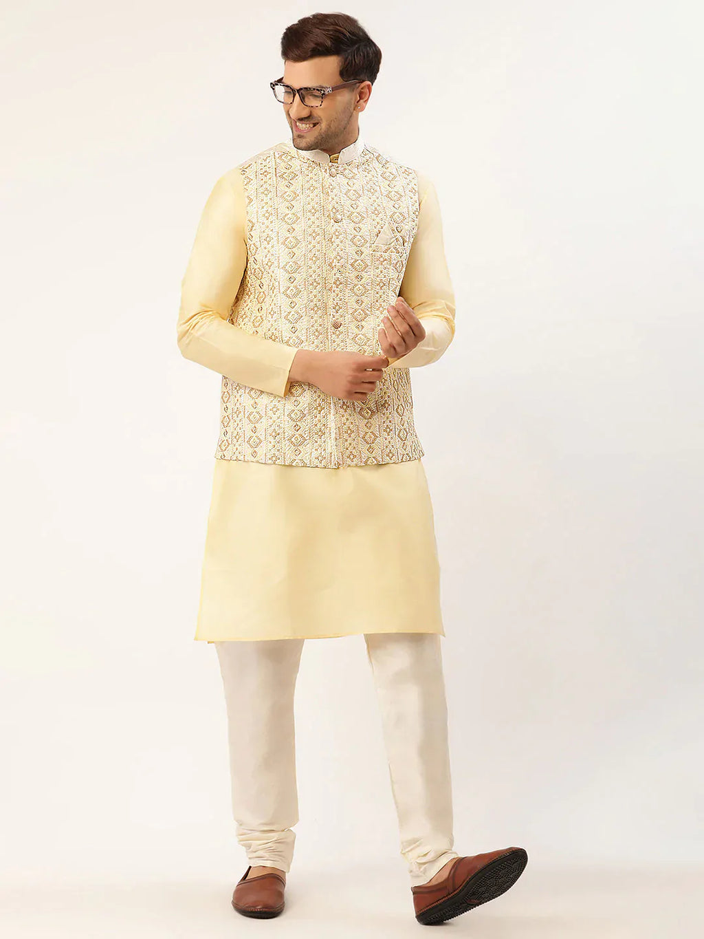 Jompers Men's White & Gold Embroidered Woven Nehru Jacket