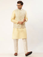 Jompers Men's White & Gold Embroidered Woven Nehru Jacket